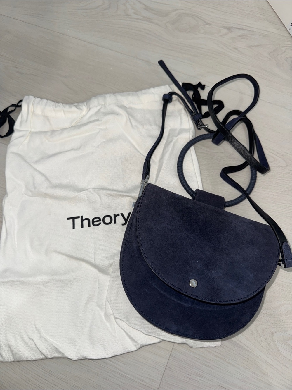 Theory Navy Suede Saddle Crossbody with Top Handle